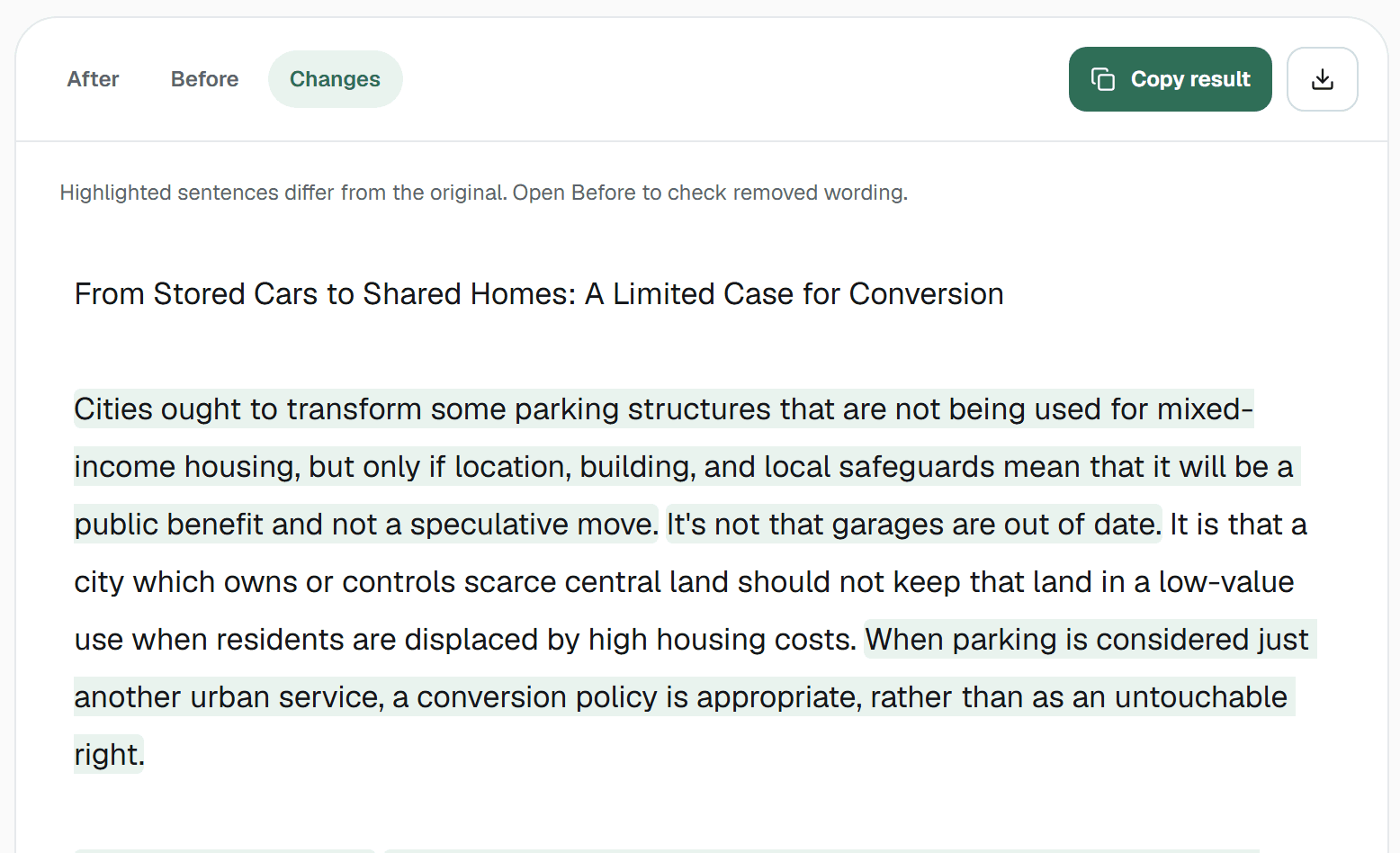 A PassLab result in the Changes view, with rewritten sentences highlighted